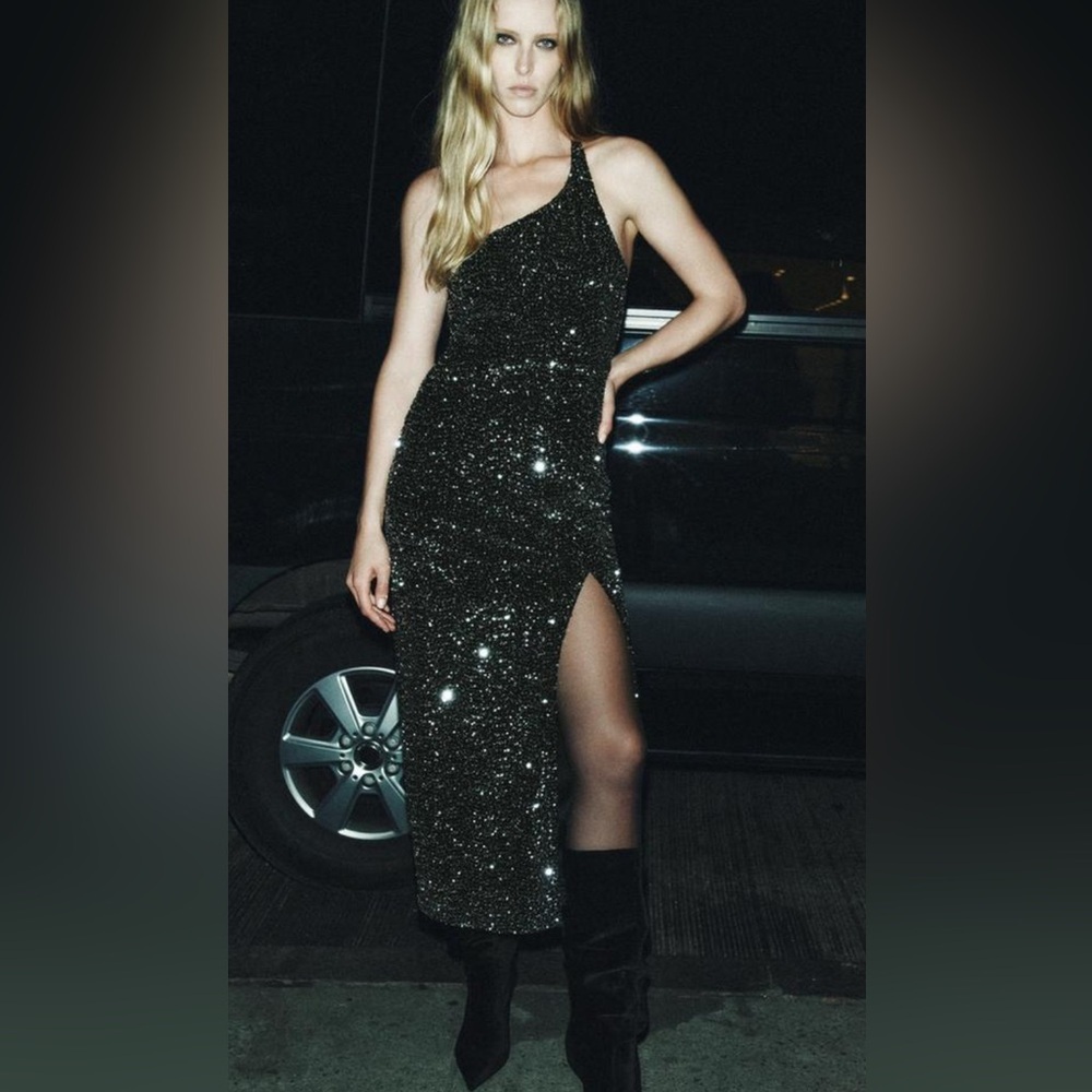 Zara Black Glitter One-Shoulder Midi Dress